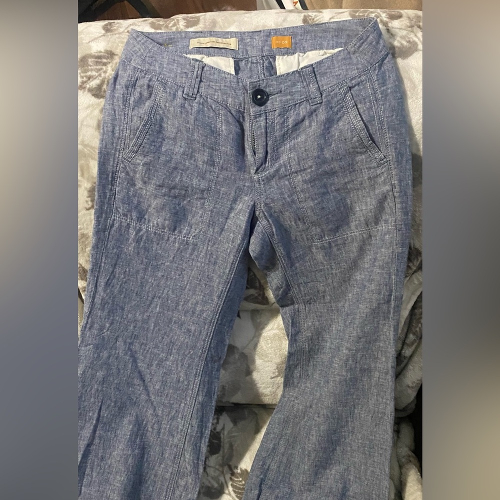 Pilcro And The Letterpress Anthropologie Pant Women Size2 Blue Linen‎ Wide Leg - Picture 3 of 7